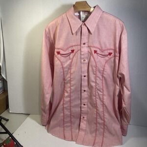 Dee Cee Western Red Pearl Snap Shirt Size 17-34 Smile Pockets VTG Made In USA